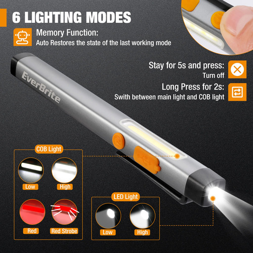 Linterna Led Recargable Con Clip, 6 Modos, Impermeable