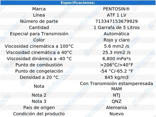 Aceite De Transmision Jetta L4 1.8l 14-15 Atf 1 Lv 5 Lts