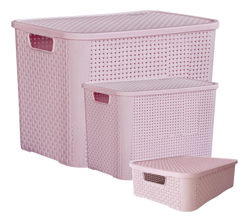 Kit 3 Caixas Rattan Organizadora 70, 25 E 10 Litros C/ Tampa Cor Rosa