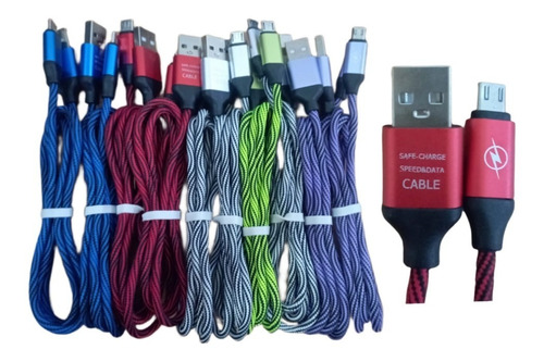 10 Pz Cable Carga Tipo V8 Reforzado Tejido Bicolor Mayoreo