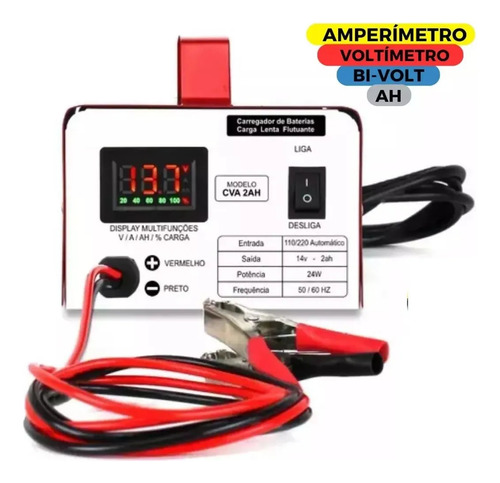 Carregador De Bateria 2ah 12v Com display LED Bivolt Moto e carro CVA2