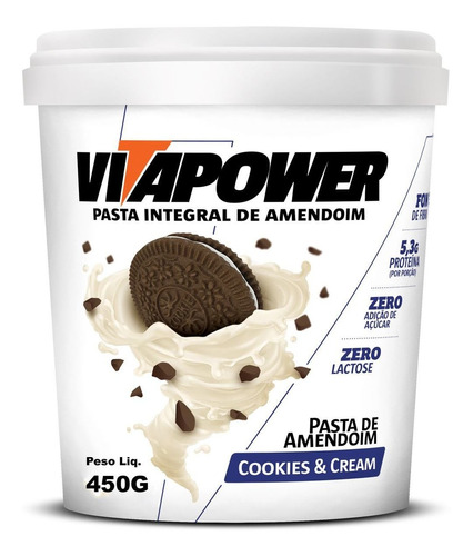 Pasta De Amendoim Integral 450g Cookies And Cream Vitapower