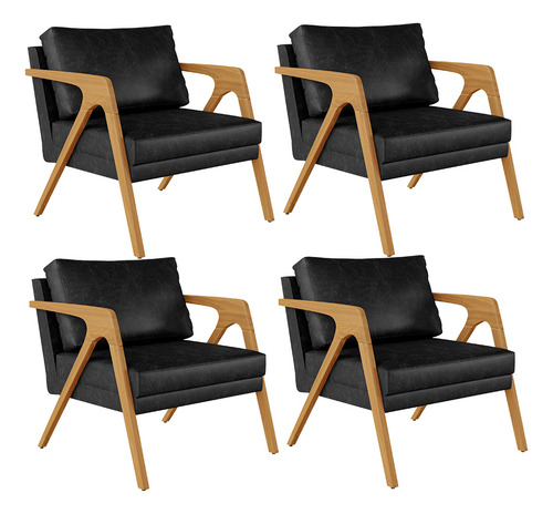 Kit 04 Poltronas Pietra Couríssimo Preto Brilho Desenho do tecido Liso
