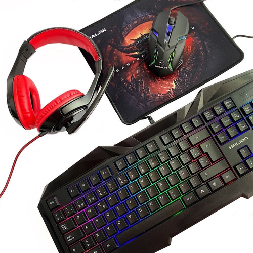 Kit Gamer Halion 4 En 1 Hunter Teclado+mouse +audifono + Pad Color del mouse Negro Color del teclado Negro