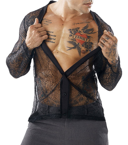 Camisas Tipo Cárdigan De Malla Para Hombre Y Color Liso Tran