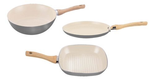 Kit Wok 28cm Bifera 26cm Panquequera 22cm Linea Hudson Crema