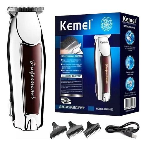 Máquina Kamei Profissional Km-9163 Prateado Sem Fio Detalhes