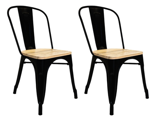 Set De 2 Sillas Tolix Estructura De Acero Asiento De Madera Vintage Exterior Color Negro KingsHouse