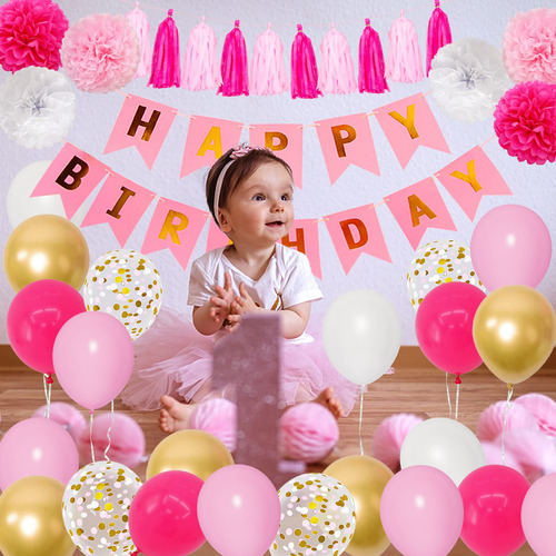 Kit Fiesta De Cumpleaños Rosa Dorado Globos Pompones 64pcs