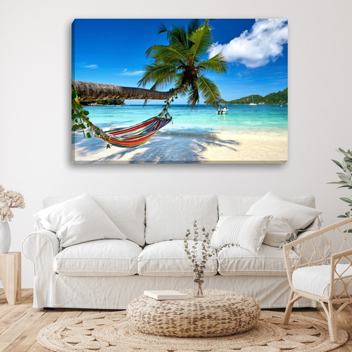 Hamaca grande decorativa a la orilla del mar, playa, 60 x 90 colores, impresión de alta resolución, marco de lienzo a color, tela, bordes infinitos
