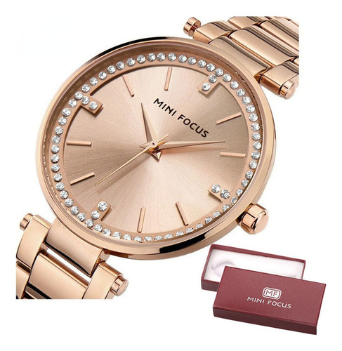 Reloj impermeable Mini Focus de lujo con diamantes, correa de color rosa