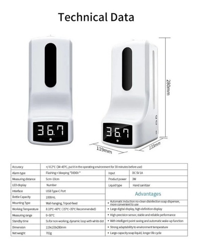 Imagen 3 de 3 de Termómetro Y Dispensador De Gel Automático K9 Con Pedestal