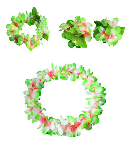 Set De Lizos De Flores Hawaianas Verdes Con Seda Rizada Mejo