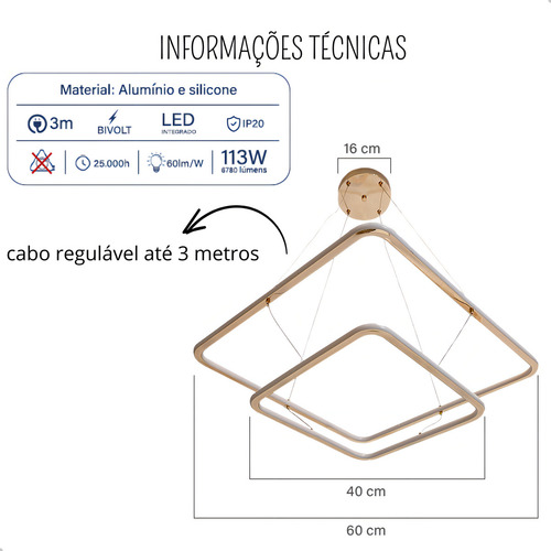 Gmh Luminária Pendente Led Teto 2 Quadrados 60cm E 40cm Cor Dourado Cabo Regulagem Altura Até 3 Metros Pé Direito Alto Duplo Hall Recepção Sala 113w 6700 Lúmens Bivolt 127/220V