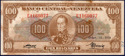 Billete De 100 Bolívares E7 Diciembre 16 1954 Simón Bolívar