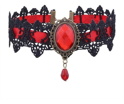 Choker Gargantilla Collar Encaje Piedra Roja Gótico Mujer