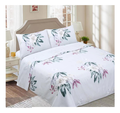 Juego De Sabana 1.5 Plaza Blanco Estampado De Flores. Tf