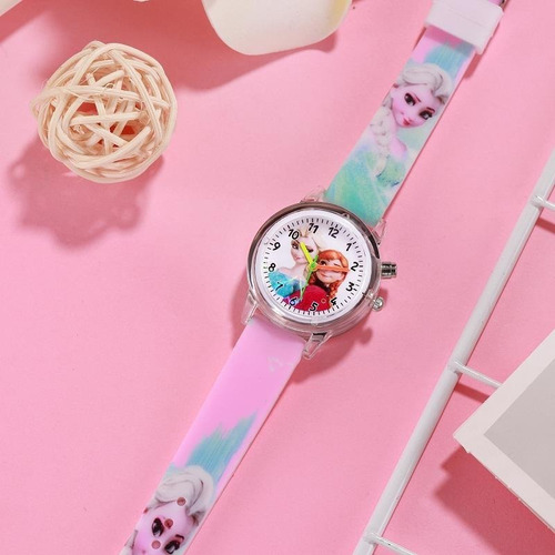 Reloj Frozen Princesas Ana Y Elsa Con Luz Niñas Infantil Correa Rosa Claro Bisel Plateado