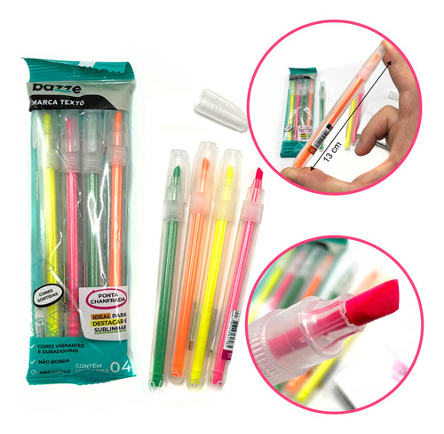 Caneta Marca Texto Kit Com 4 Cores Neon Marcador
