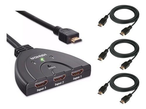 Switch Hdmi 3 En 1 Selector + 3 Cables 4k Full Hd Remoto