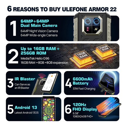 Teléfono Robusto Ulefone Armor 22, 8 Gb, 128 Gb, Android 13