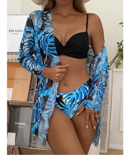 Conjunto De Traje De Playa Femenino Con Kimono Y Bikini Flor