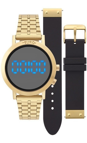 Relógio Dourado Digital Led Azul Euro Feminino Eubj3407aa/t4p Sabrina Sato + Pulseira Silicone Preta Original