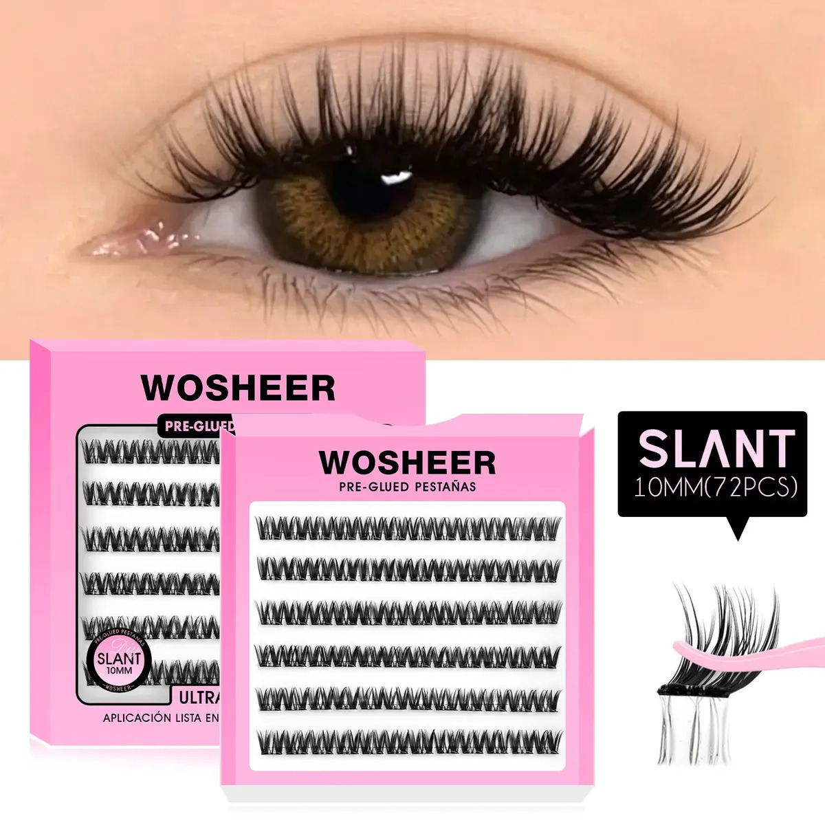 WOSHEER Pestañas Autoadhesivas 10mm Extensiones DIY Naturales y Rizadas Fáciles para Principiantes Sin Necesidad de Pegamento Hipoalergénicas Duración de 24 Horas(SLANT)