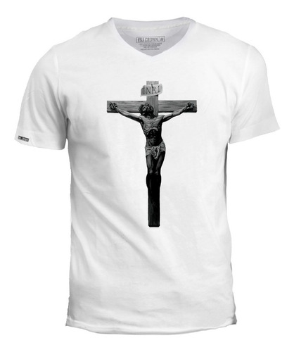 Camiseta Cuello V Jesucristo En Cruz Blanconegro RLG Inp Ivk