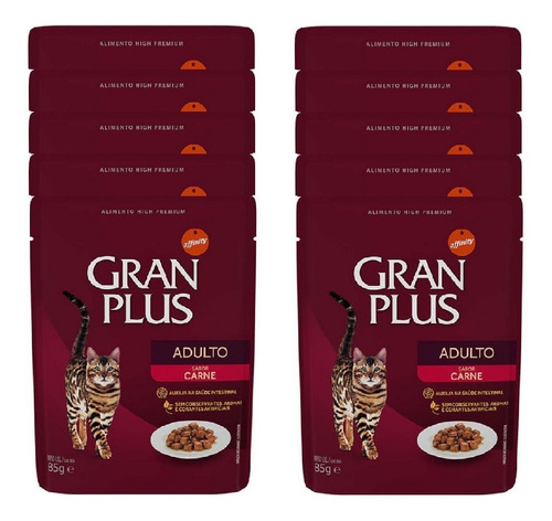 Sachê Gato Adulto Carne 85g Gran Plus Kit 10 Unid.