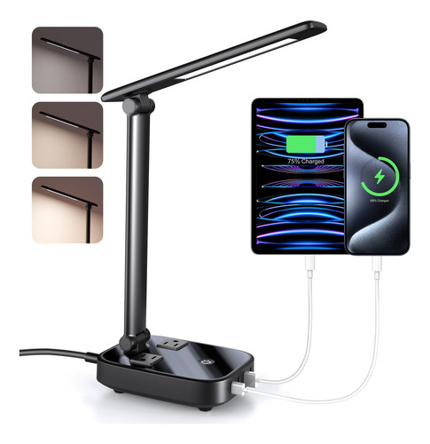 Lámpara De Escritorio Led Con 2 Puertos De Carga Usb-a Y 2 U