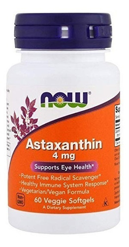 Astaxantina 4 mg x 60 cápsulas. Now Foods Sabor Neutro