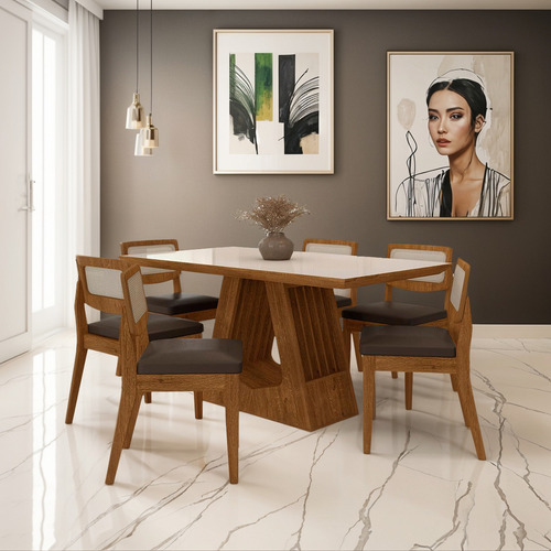 Conjunto Sala De Jantar Targo Móveis A Móveis Arapongas Com 06 Cadeiras Desenho Liso Mesa De 90cm Comprimento Máximo X 160cm De Largura X 80cm De Altura - Freijó/off Pre/corino Marrom