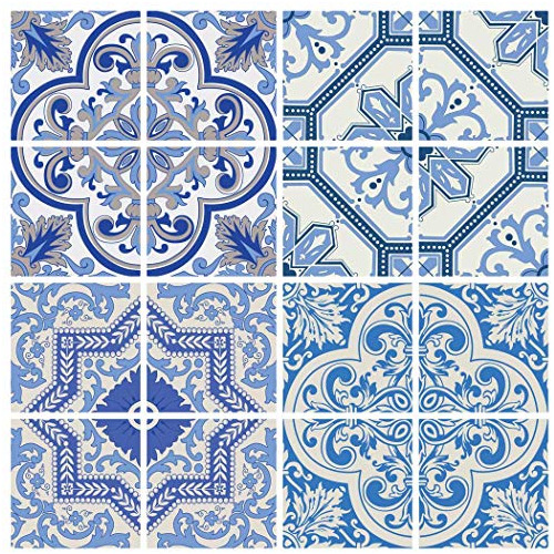 Calcomanías De Azulejos Marroquíes Azules De 4 X 4 Pu...