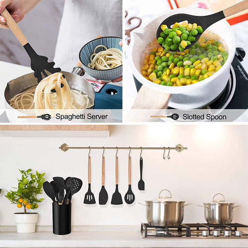 Juego 15 Utensilios Silicona Con Soporte Y Mango Madera