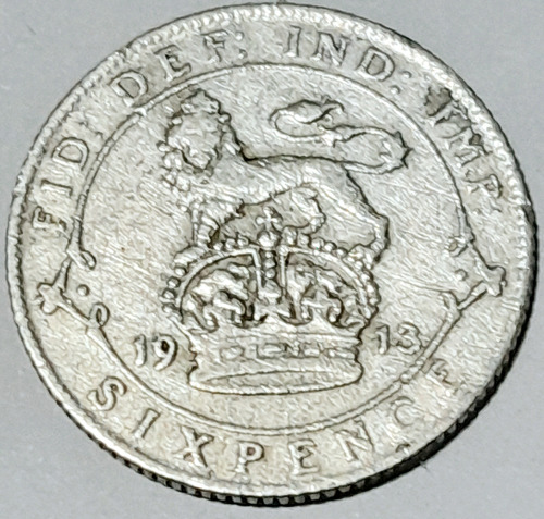 Sixpence 1913 Silver England  Seis Peniques Plata Moneda 