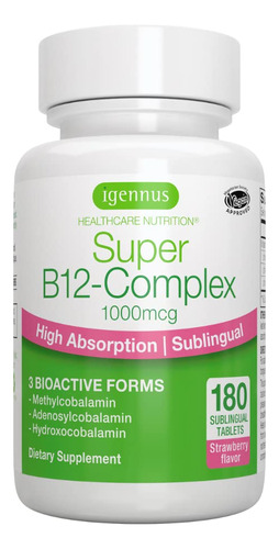 Super B12-complex 1000 Mcg, Vitamina Sublingual B12, 180 Por