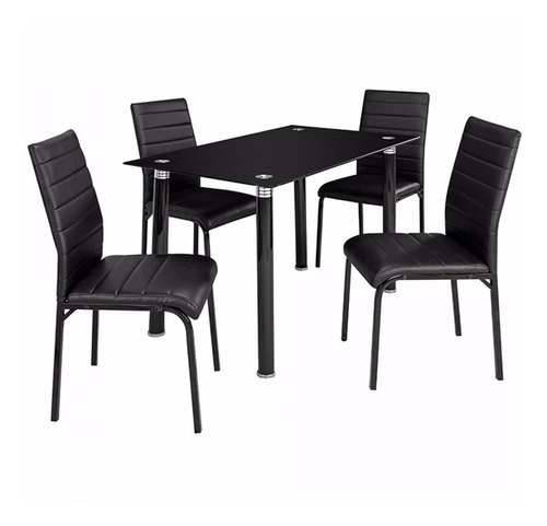 Juego De Comedor Vidrio Y Tapizado Negro Sensacion