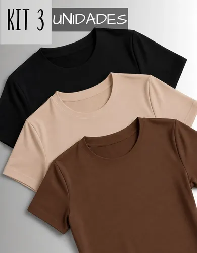 Três camisetas baby look femininas nas cores preta, marrom e nude