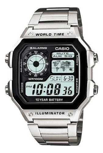 Reloj Casio Digital Ae-1200whd-1av E-watch Color De La Correa Plateado Color Del Bisel Negro