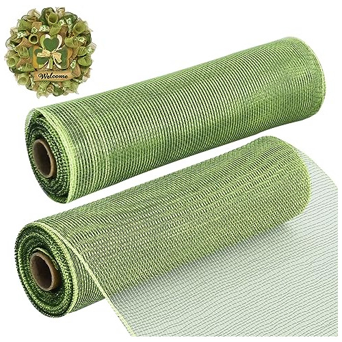 2 Rolls 10 Inch Sage Green Decorative Mesh Ribbbon Roll...