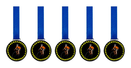 Kit C/5 Medalhas De Ciclismo C/fita Azul 60mm Personalizada