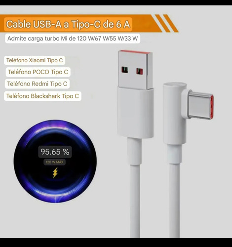 Cable Usb Tipo C Para Xiaomi 120w 6a 1.8m 90 Grados