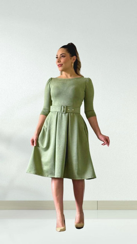 Vestido Godê Mídi Suede Com Cinto Moda Evangélica
