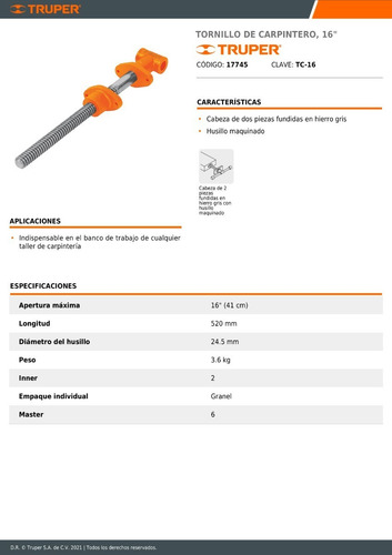 Tornillo De Carpintero, 16 Mod. Tc-16 Truper