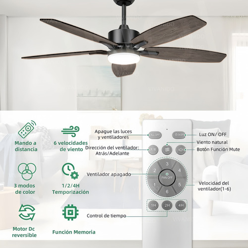 42''ventilador De Techo Con Luz Led Y Control Remoto,lampara 1.067 M 60hz Negro Amarillo Madera 5