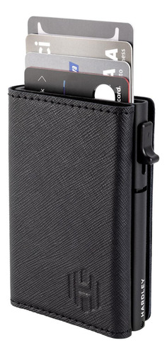 Billetera Hombre De Cuero Hardley Tarjetero Protección Rfid Color Negro Saffiano