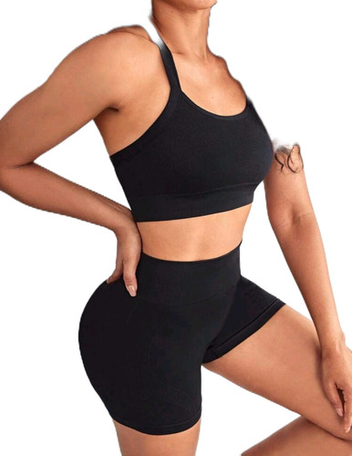 Ropa Conjunto Deportivo Yoga 2 Piezas Negro Tira Cruzada