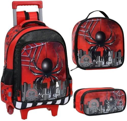 Kit Mochila Lanchaira Estojo Infantil Rodinhas Spider Dark