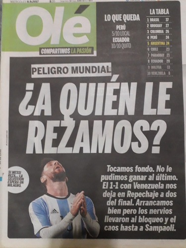 Diario Ole 6 Septiembre 2017 Argentina 1 Venezuela 1 Messi